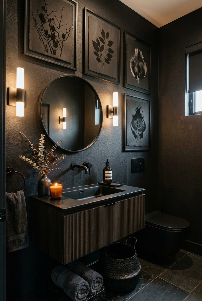 Gäste-WC mit dunkler Wandkunst, modernem Waschbecken und stimmungsvoller Beleuchtung.