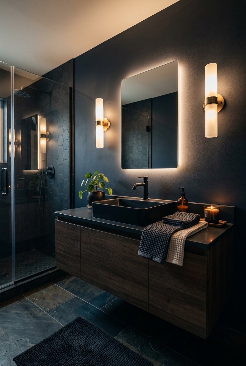 Dunkles Gäste-WC mit warmem Licht, modernen Armaturen und dekorativen Elementen.