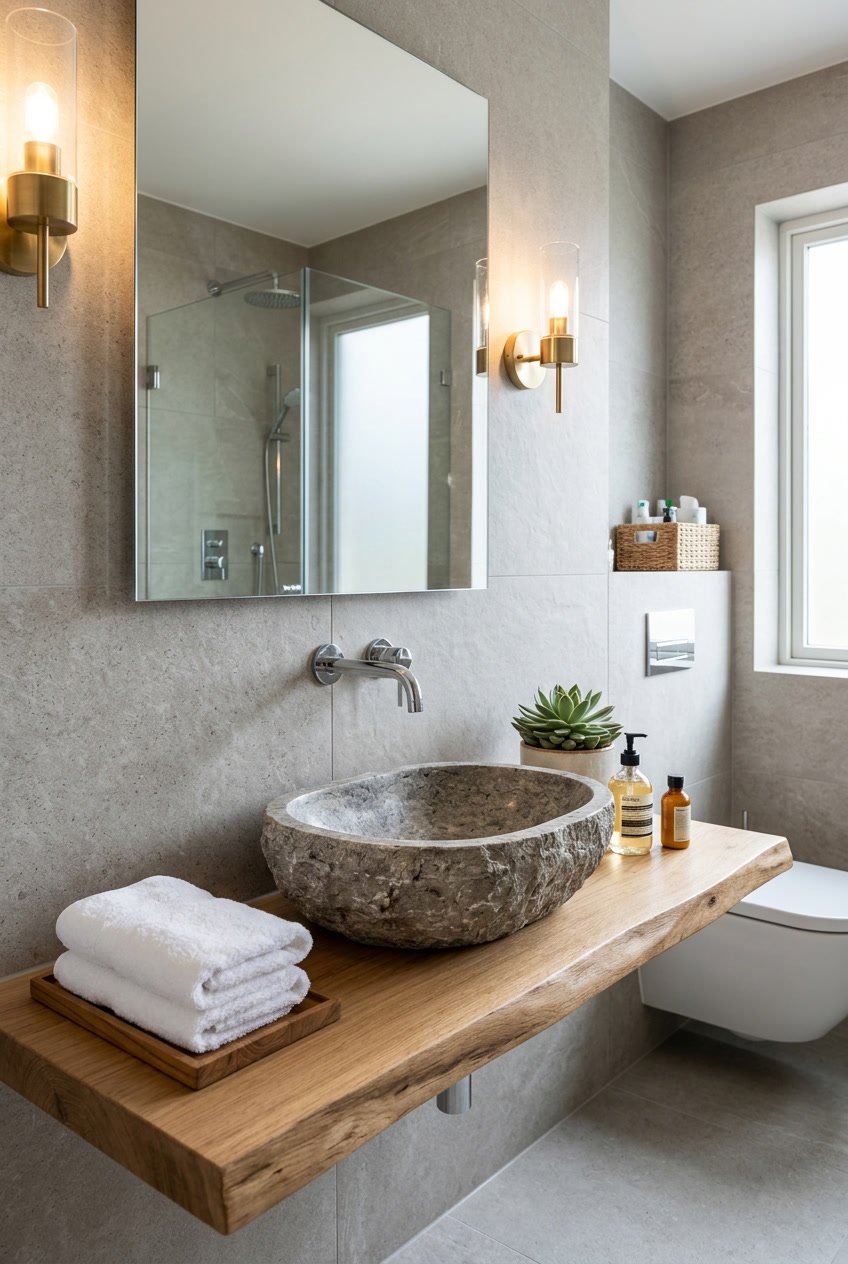 Ein modernes Gäste-WC mit einem Stein-Waschbecken auf einer Arbeitsplatte, umgeben von Badaccessoires und sanfter Beleuchtung.