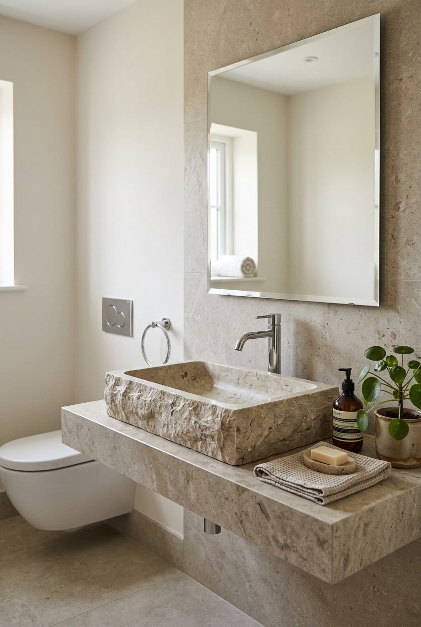 Ein modernes Gäste-WC mit einem Natursteinwaschbecken aus Limestone Persiano auf einer minimalistischen Arbeitsplatte, umgeben von neutralen Wänden und einer kleinen grünen Pflanze.