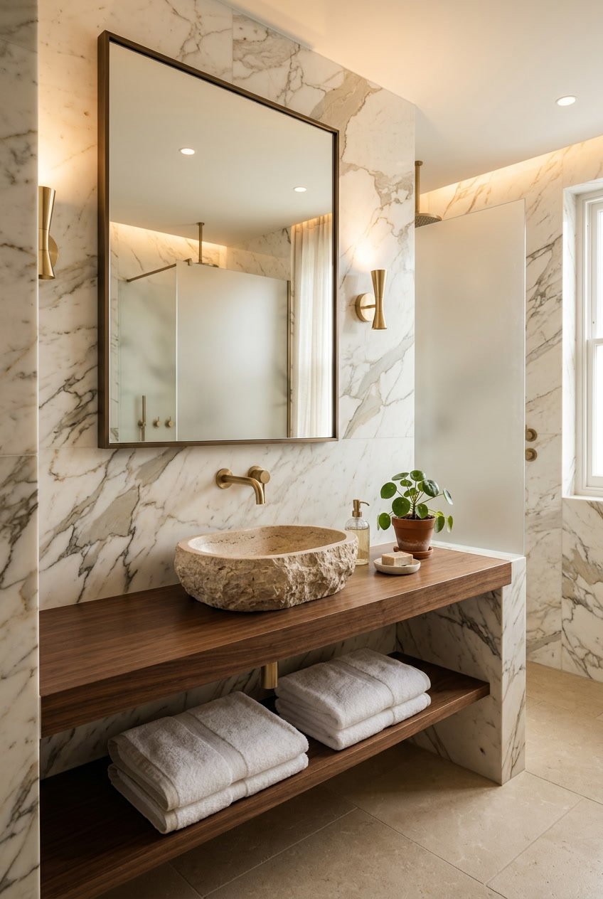 Gäste-WC mit Marmorwand und Stein-Waschbecken