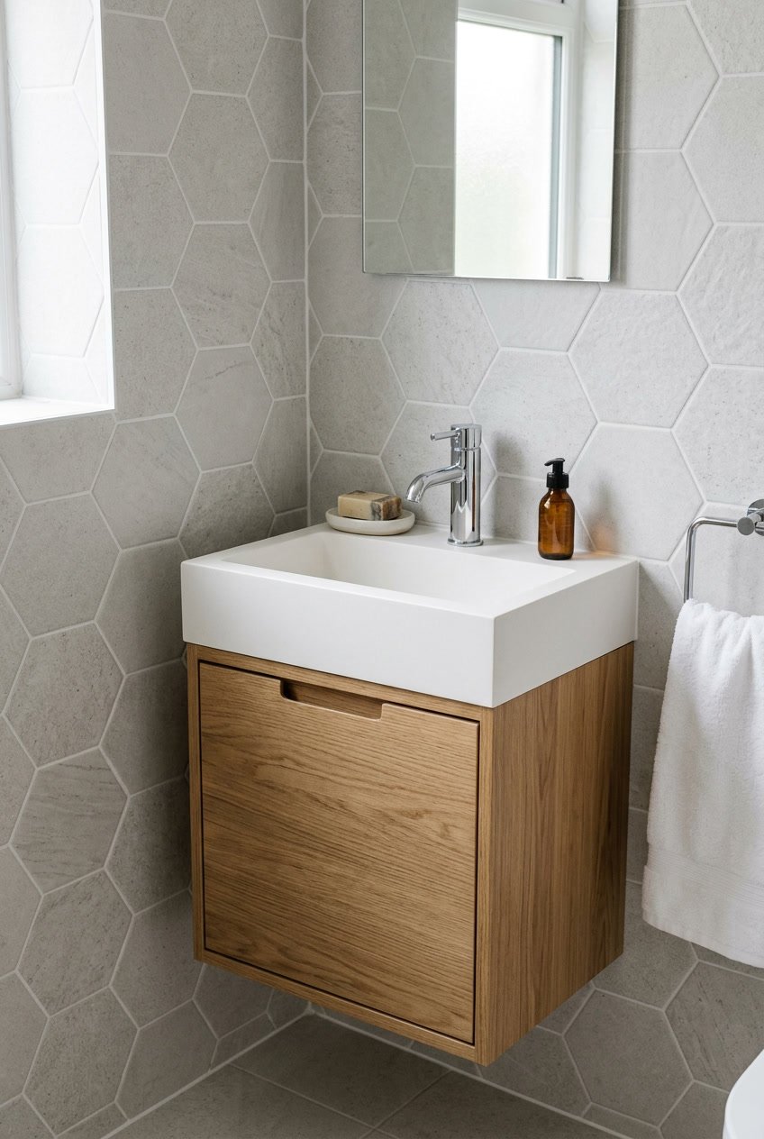 Kleines Gäste-WC mit einem platzsparenden Handwaschbecken und integriertem Unterschrank.