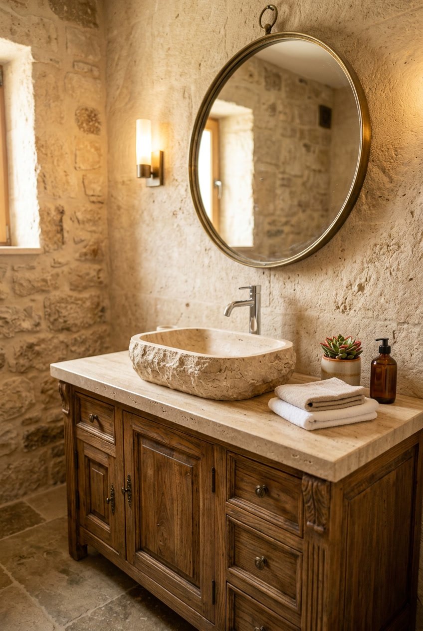 Gäste-WC mit einem Waschbecken aus Stein auf einem Holzwaschtisch, Spiegel und Dekoration.