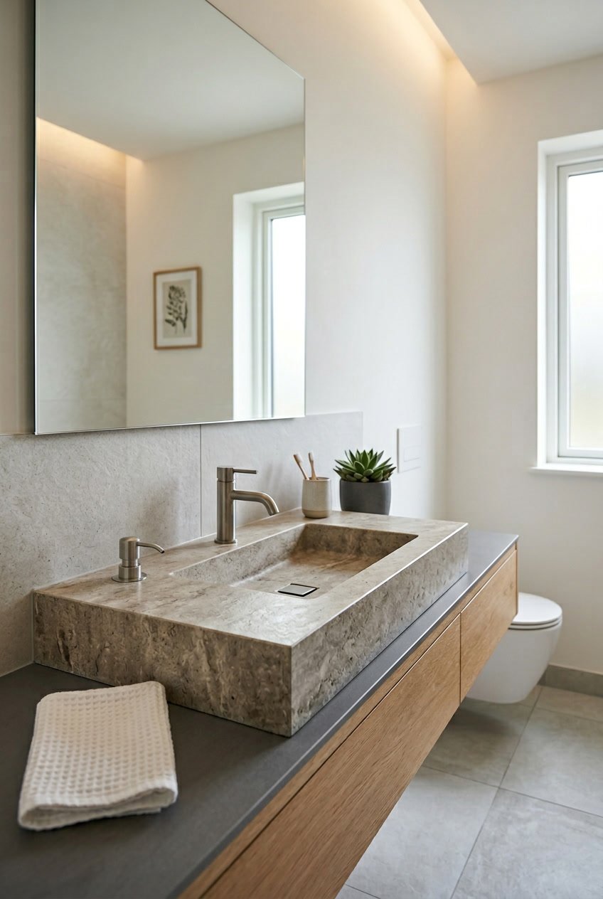 Gäste-WC mit Steinoptik-Waschbecken und eingebautem Seifenspender.