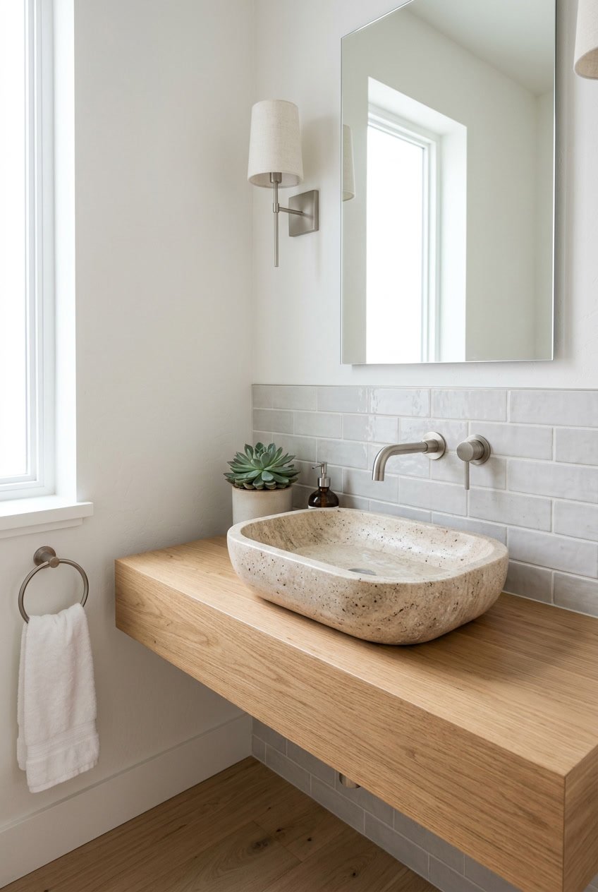 Gäste-WC mit einem modernen Stein-Waschbecken auf einer Holzarbeitsplatte, umgeben von minimalistischer Dekoration und natürlichem Licht.