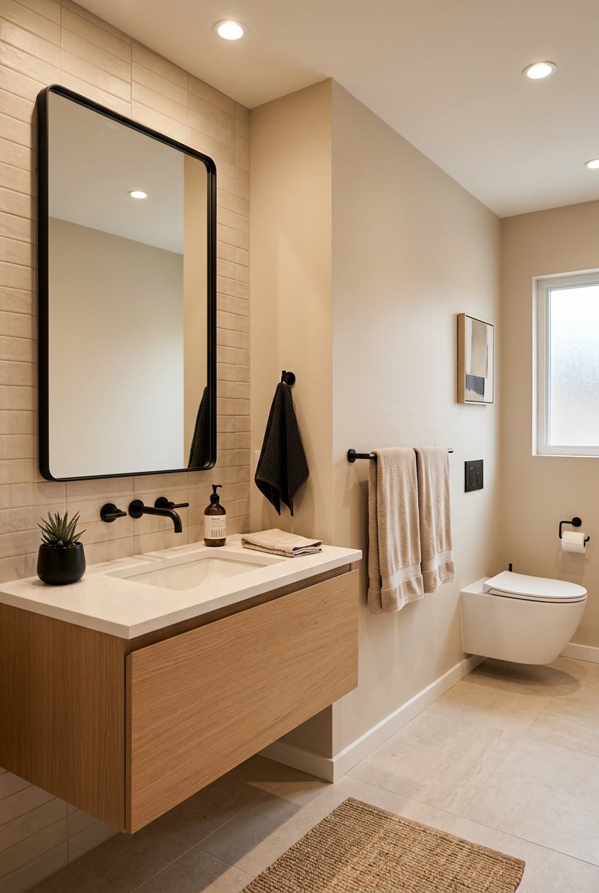 Ein modernes Gäste-WC mit beigen Wänden, schwarzen Armaturen und einem schwarzen Spiegelrahmen, ausgestattet mit einem Waschbecken und dekorativen Elementen.