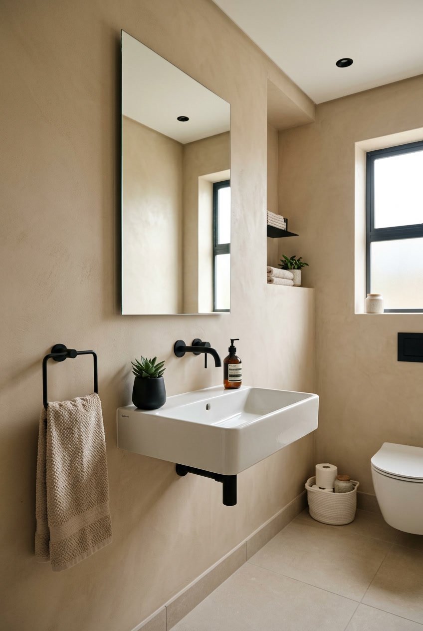 Gäste-WC mit beigen Wänden und schwarzen Armaturen, weißem Waschbecken und einem Spiegel.