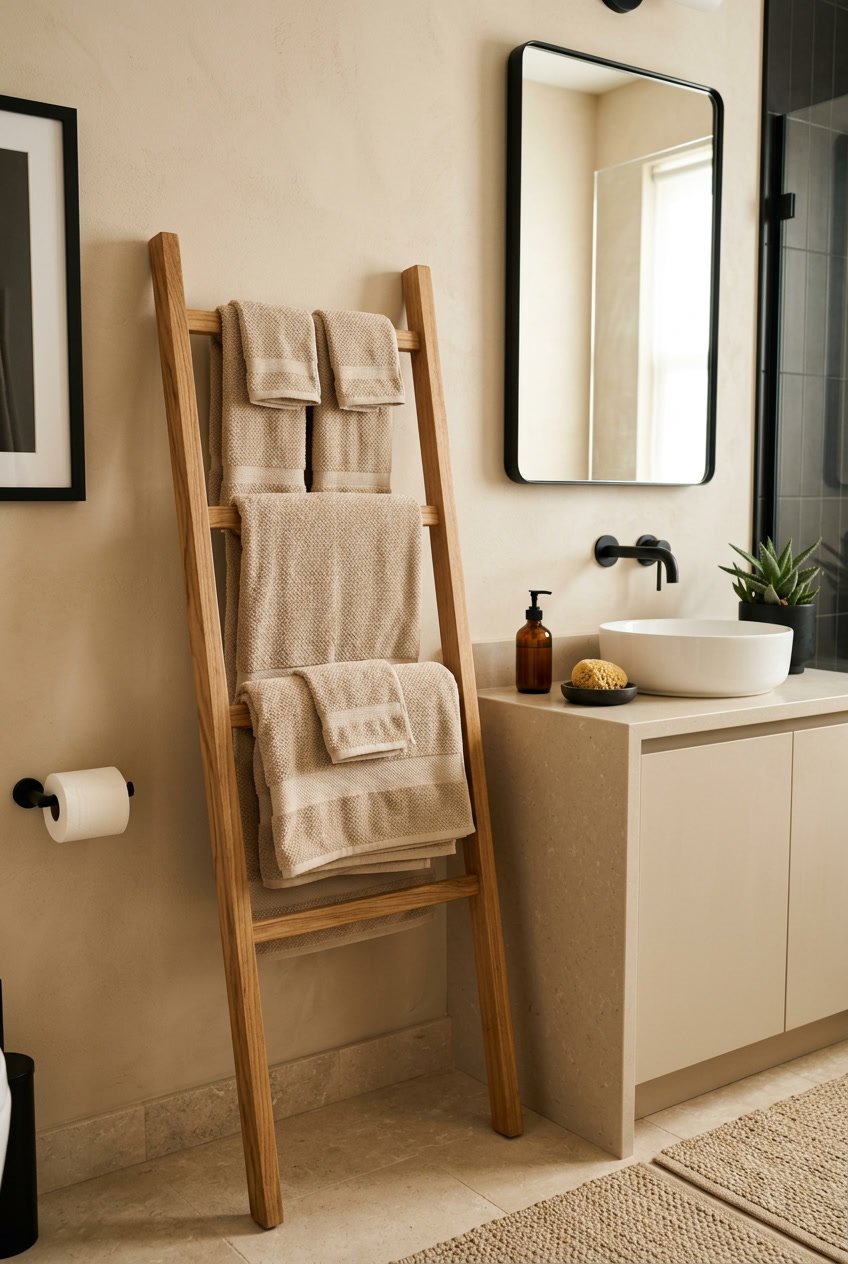 Ein Gäste-WC mit einem hölzernen Handtuchregal, das beige Handtücher hält, umgeben von beigen Wänden und schwarzen Armaturen.