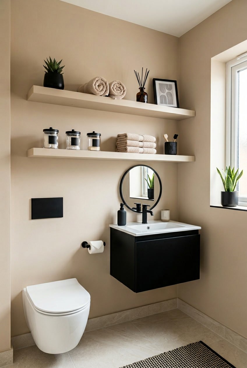 Ein modernes Gäste-WC mit beigefarbenen Wandregalen und schwarzen Akzenten, sauber und ordentlich eingerichtet.