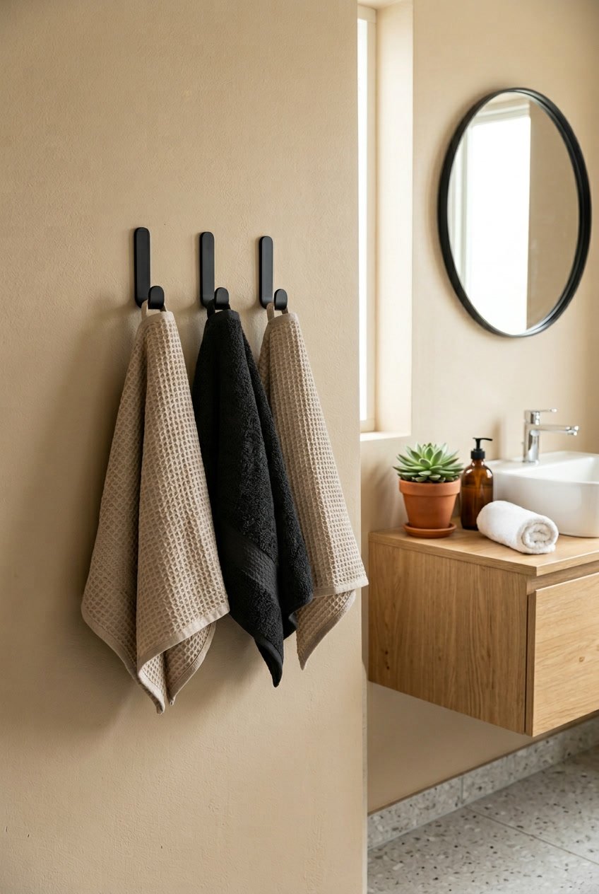 Gäste-WC mit schwarzen Handtuchhaken an beiger Wand und dekorativ aufgehängten Handtüchern.