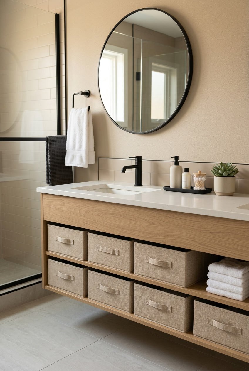 Ein modernes Gäste-WC mit beigen Schubladenboxen und schwarzen Armaturen, sauber und ordentlich eingerichtet.