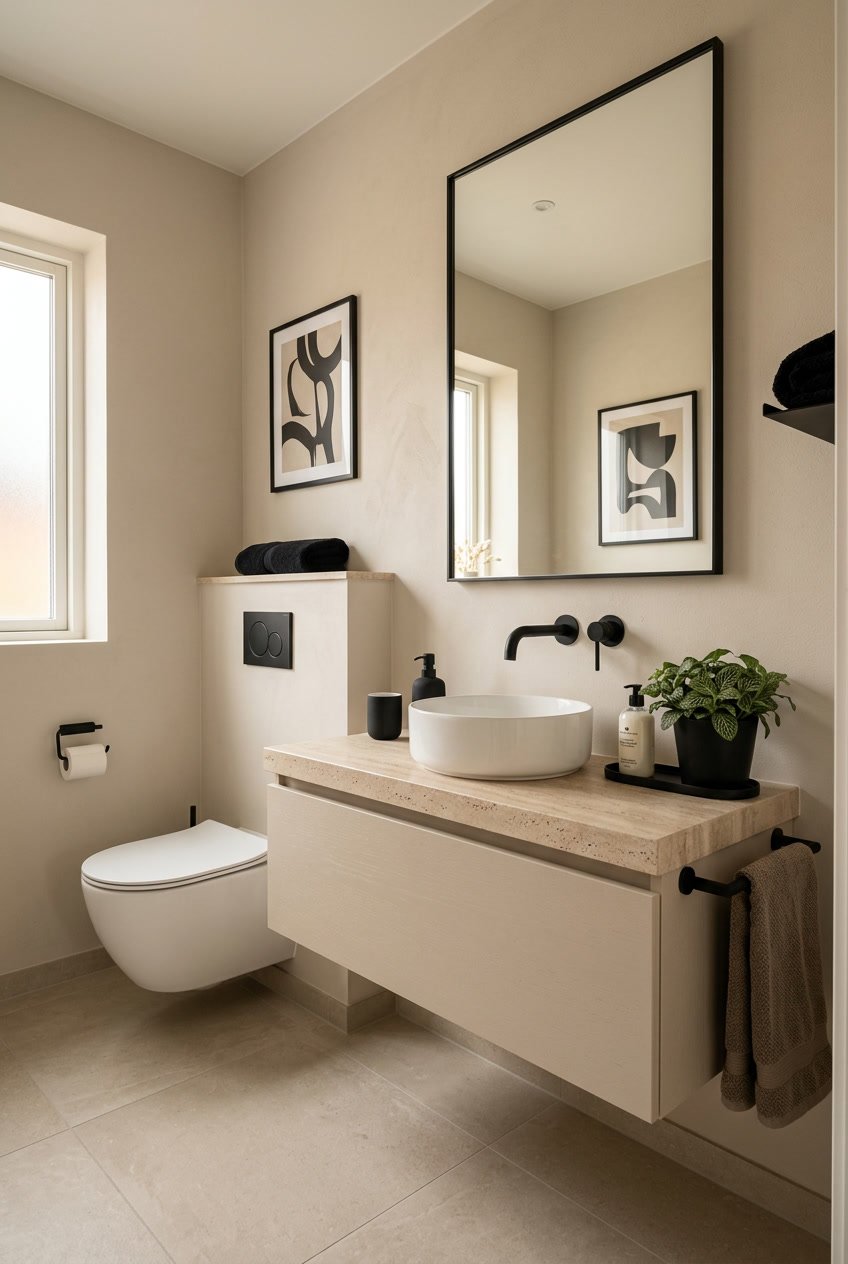 Ein modernes Gäste-WC mit beigen Wänden und schwarzen Accessoires, darunter ein schwarzer Wasserhahn, Spiegel und Handtuchhalter, mit einem kleinen grünen Pflanze auf der Arbeitsfläche.