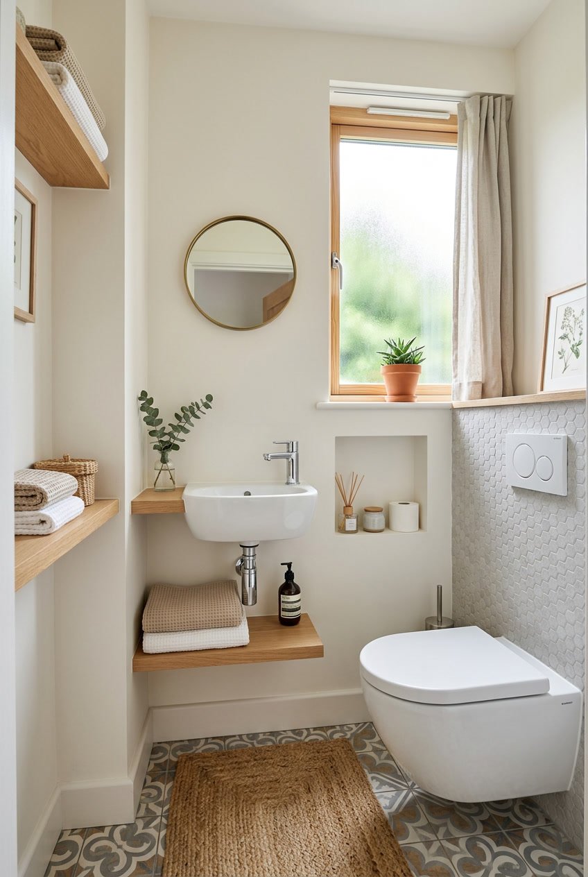 Kleines Gäste-WC mit Fenster, modern eingerichtetes Badezimmer mit Toilette, Waschbecken und Regal, hell und einladend.