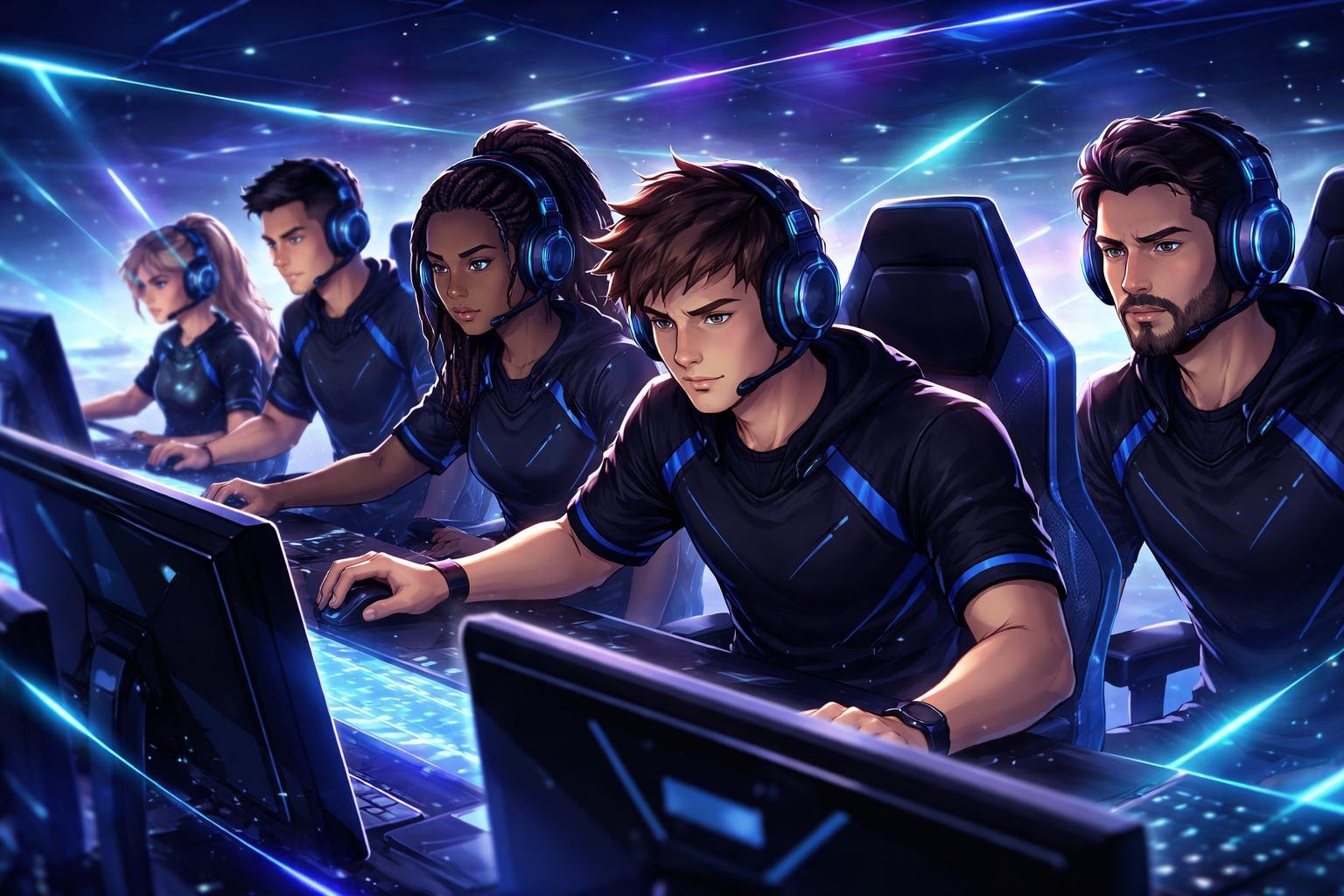 A team of confident esports players wearing headsets and jerseys, sitting at gaming computers with glowing screens in a high-tech environment.