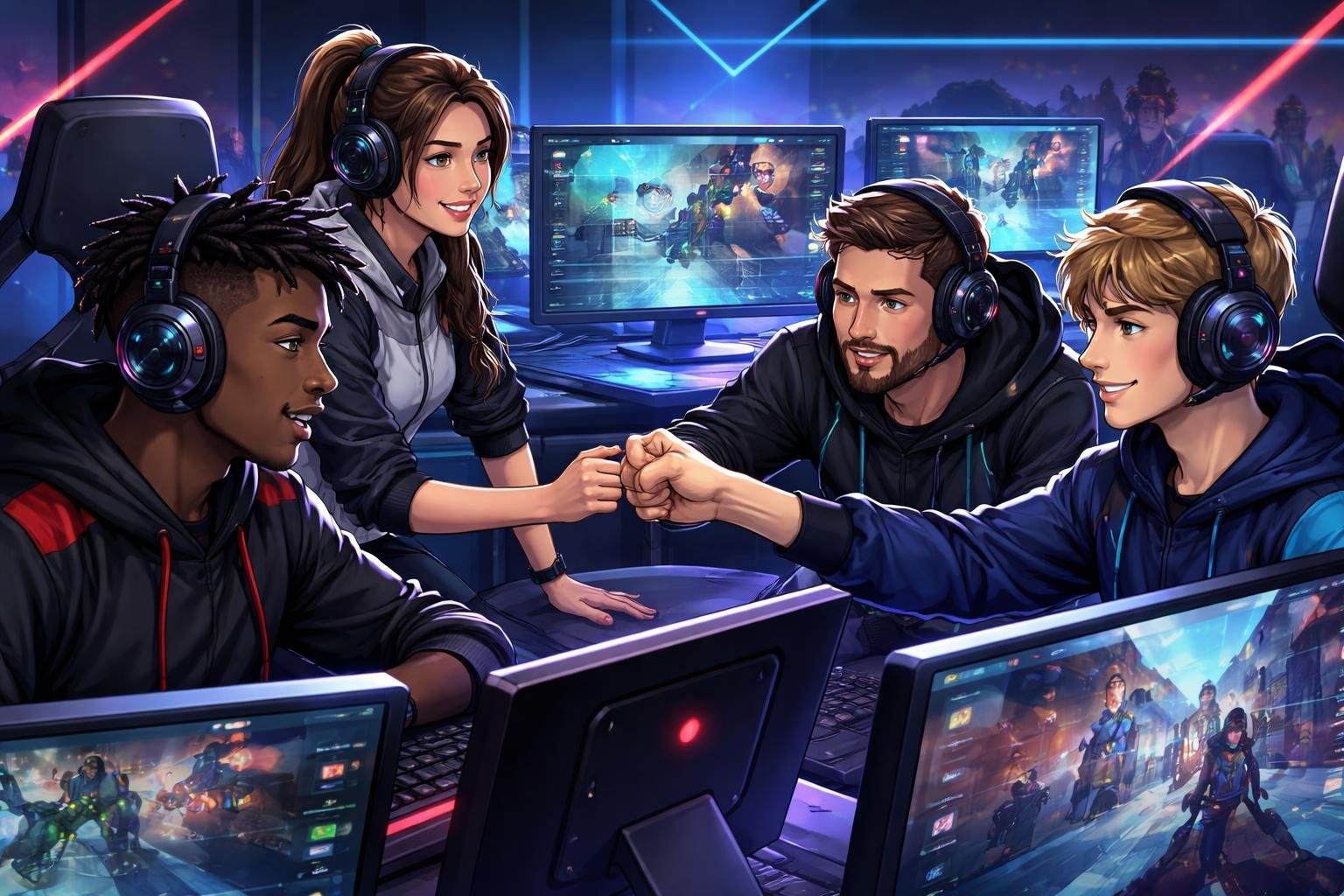 A group of gamers working together at computer stations with Valorant game visuals on screens, showing teamwork and focus.