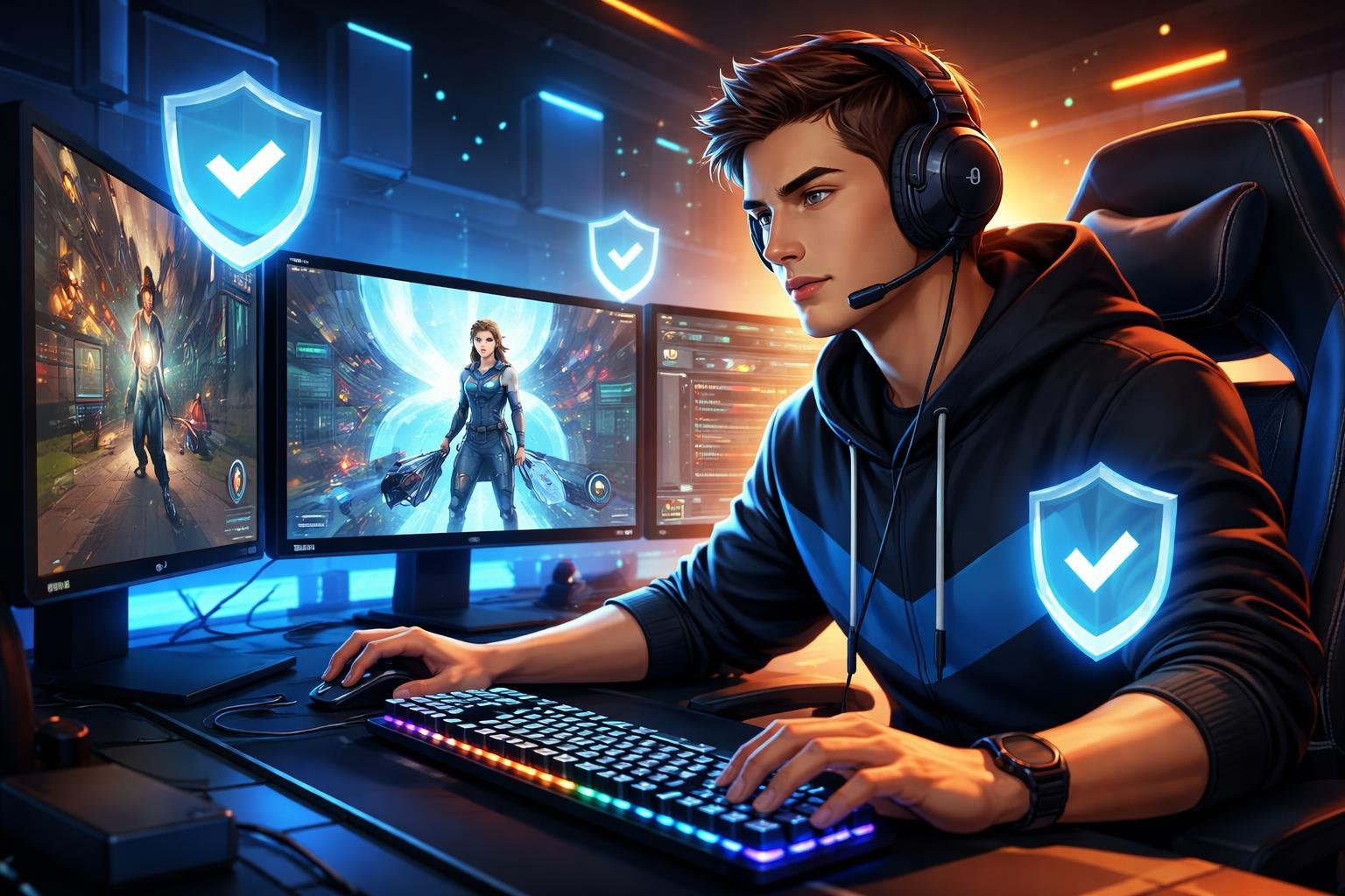 A gamer focused on playing Valorant at a modern gaming setup with monitors and gaming gear, surrounded by symbols representing trust and security.