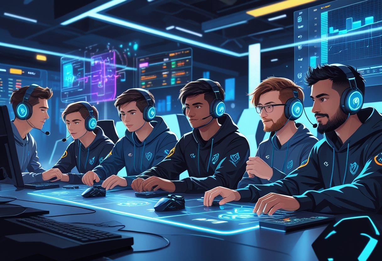 A team of gamers collaborating in a high-tech gaming environment with digital interfaces and holographic game elements.