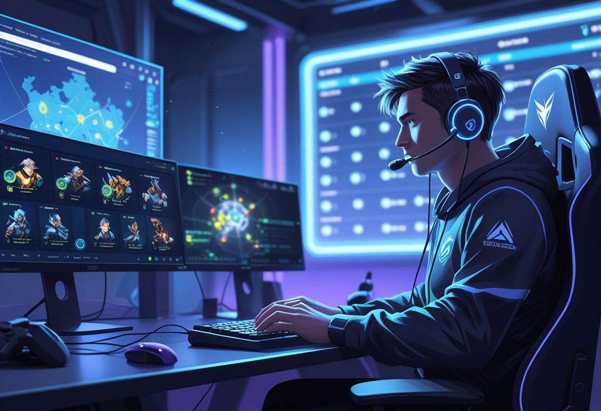 A focused gamer at a high-tech gaming setup with multiple screens showing game strategies and rankings.