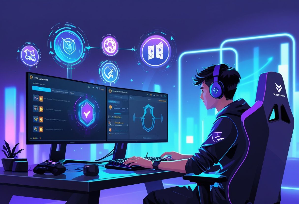 A focused gamer at a high-tech gaming setup surrounded by glowing icons representing fast progress, skill improvement, strategy, and time-saving.