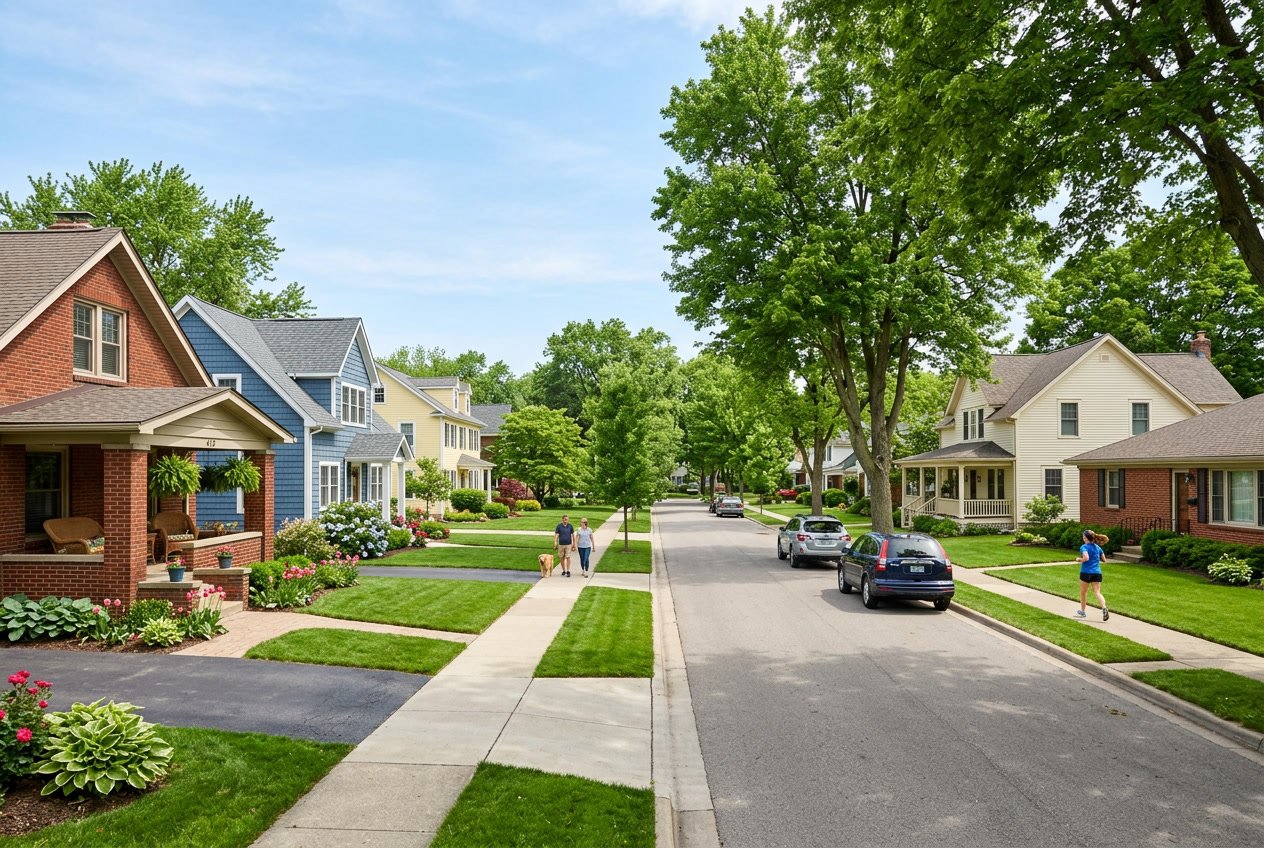 A quiet residential street in Tecumseh, Michigan with well-kept houses, green lawns, and trees under a clear blue sky.
