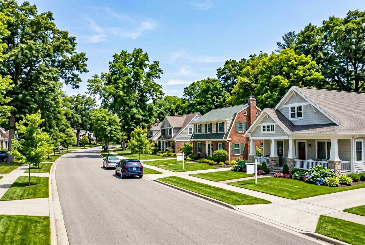 A quiet suburban neighborhood with houses, trees, and clear skies in Tecumseh, Michigan.