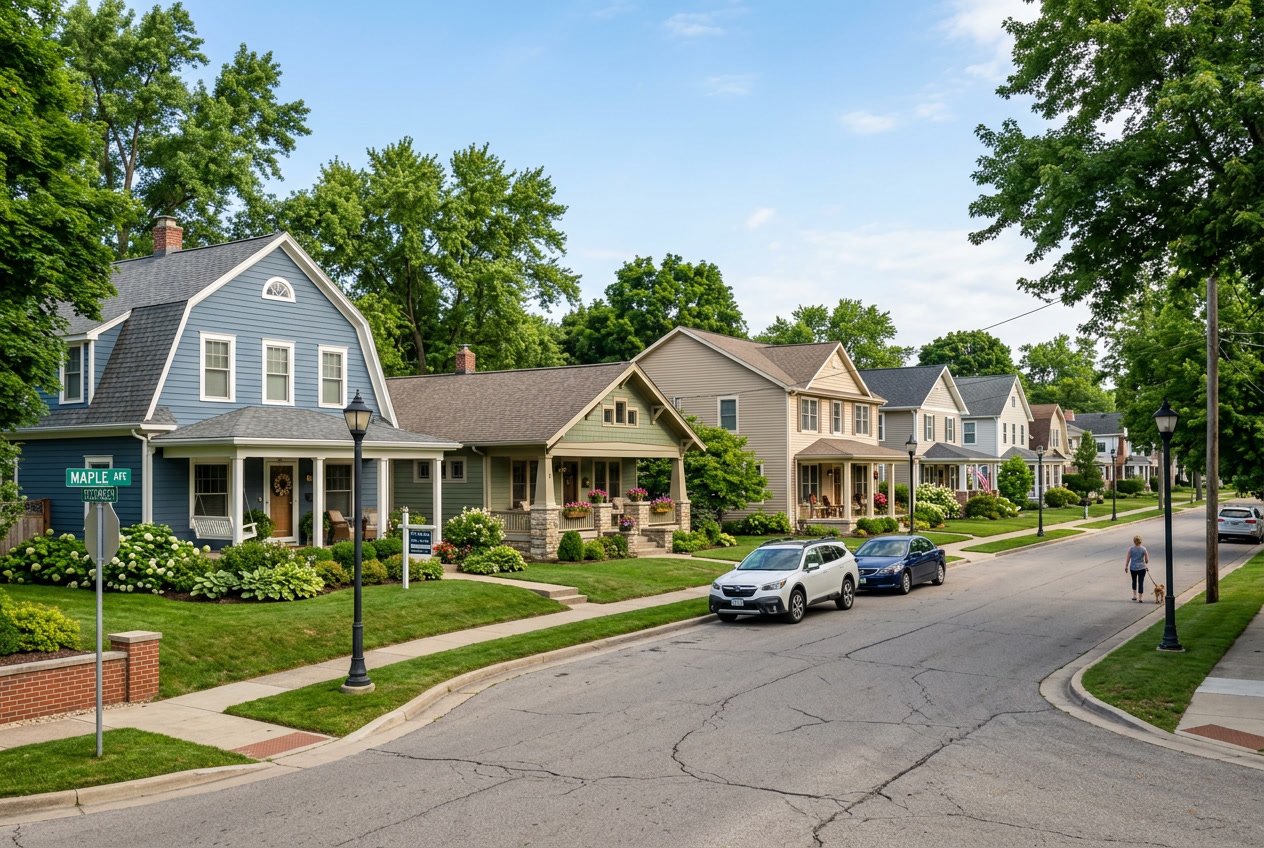 A quiet residential street with well-kept houses, green lawns, and trees in a suburban neighborhood.