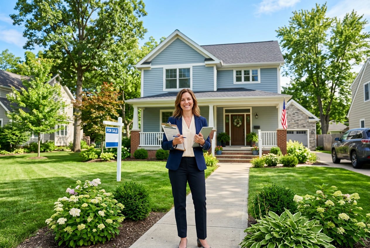 A real estate agent standing outside a house with a lawn and trees in a suburban neighborhood.