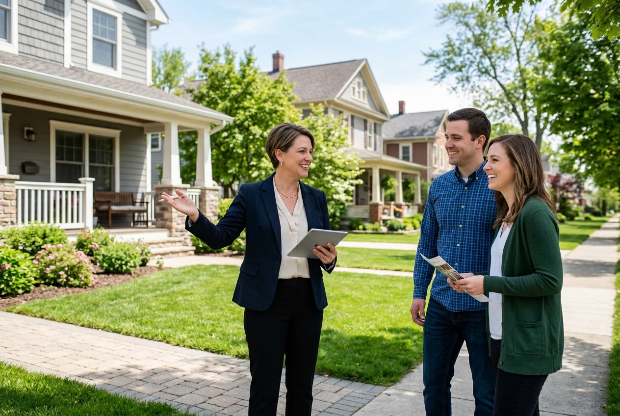 A real estate agent talking to a couple in front of houses in a residential neighborhood.