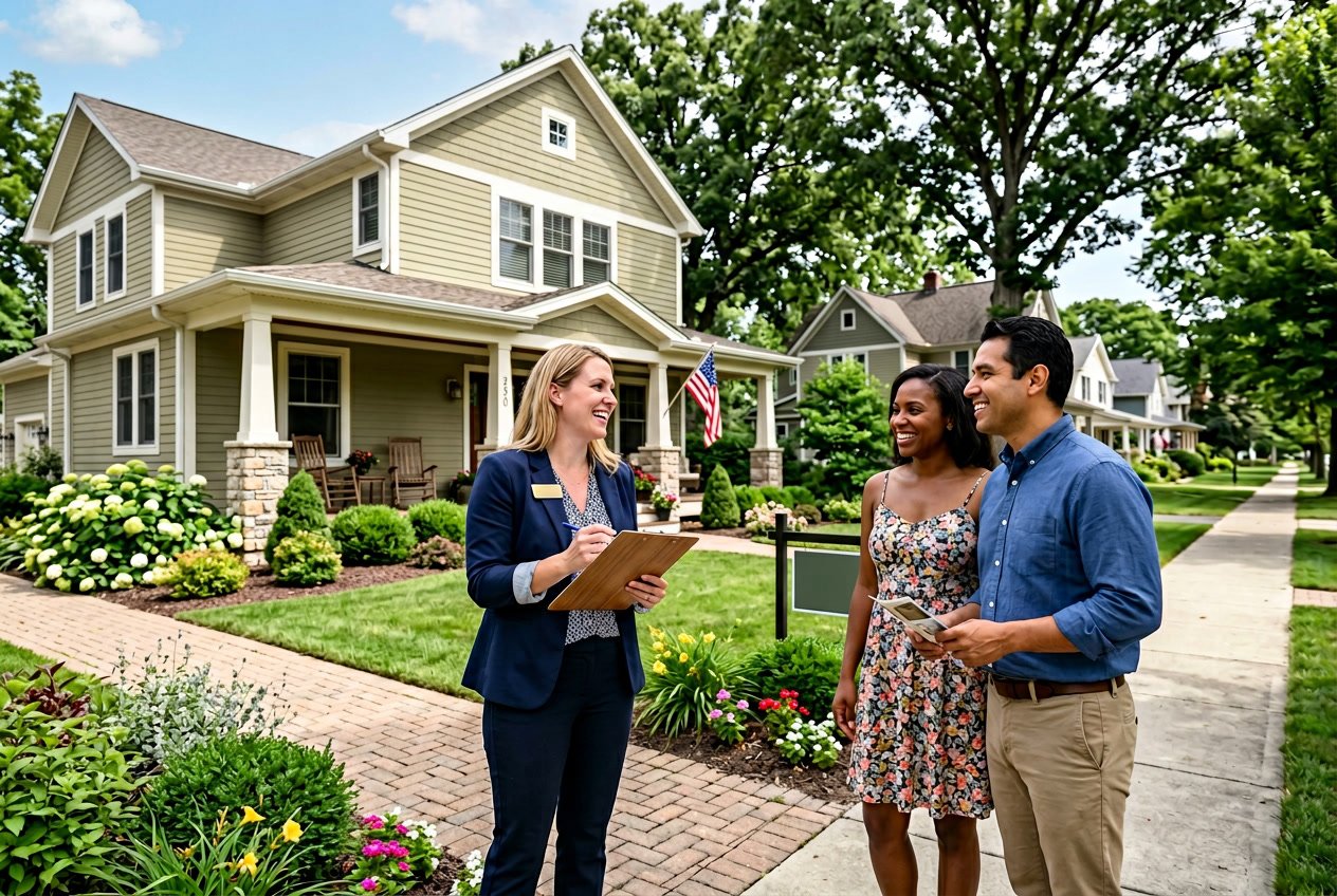 A real estate agent talking with a couple outside a suburban house in Tecumseh, Michigan.