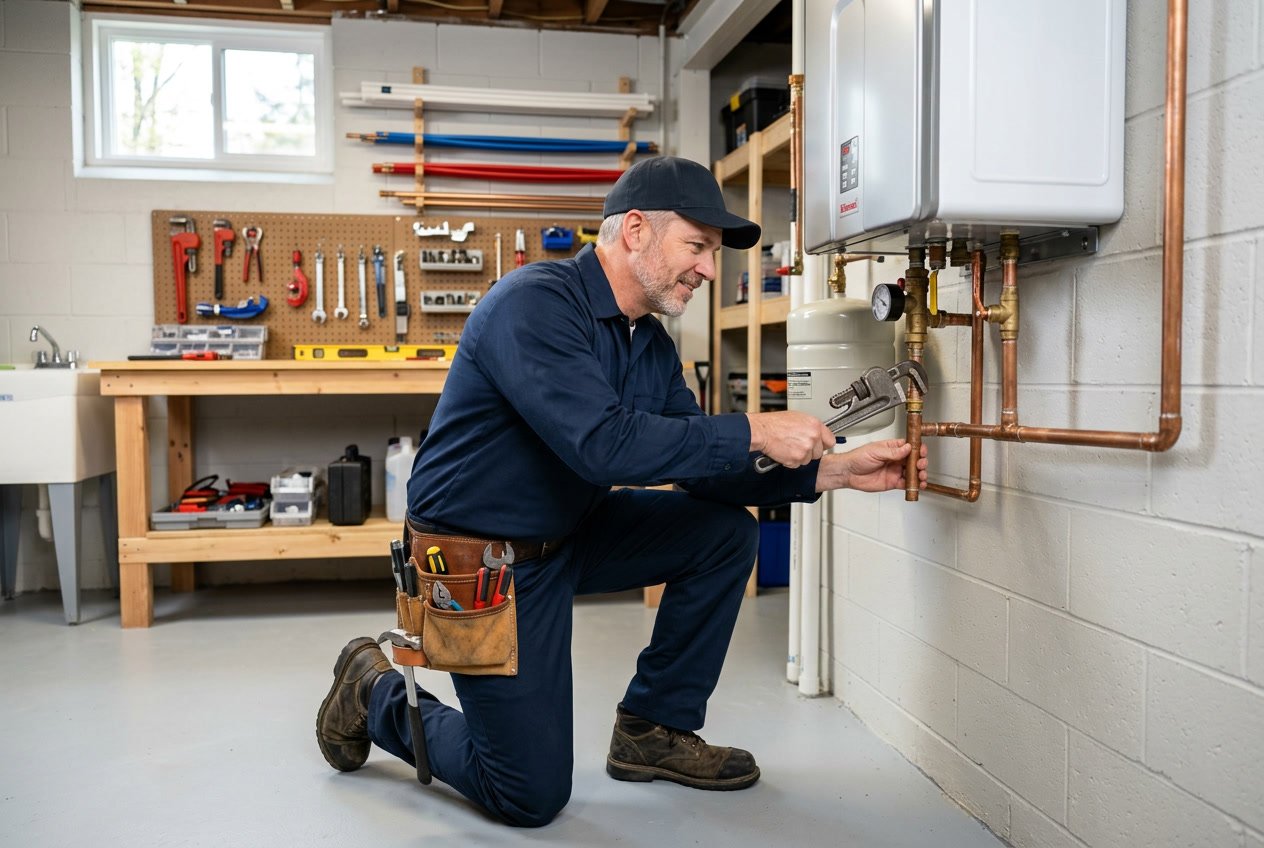 A plumber in a navy uniform inspecting a water heater in a clean basement with plumbing pipes and tools.