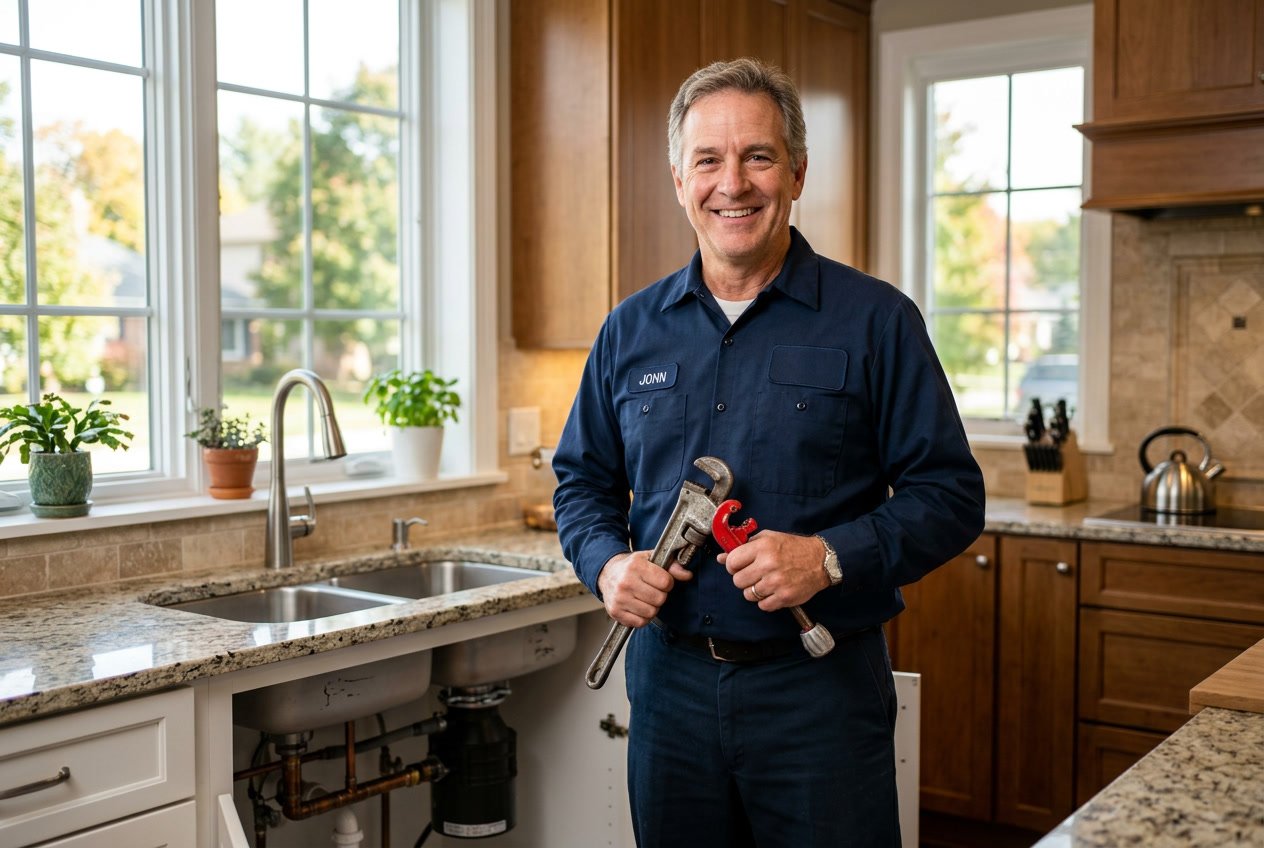 A plumber in uniform holding tools and standing inside a modern home bathroom with visible pipes.