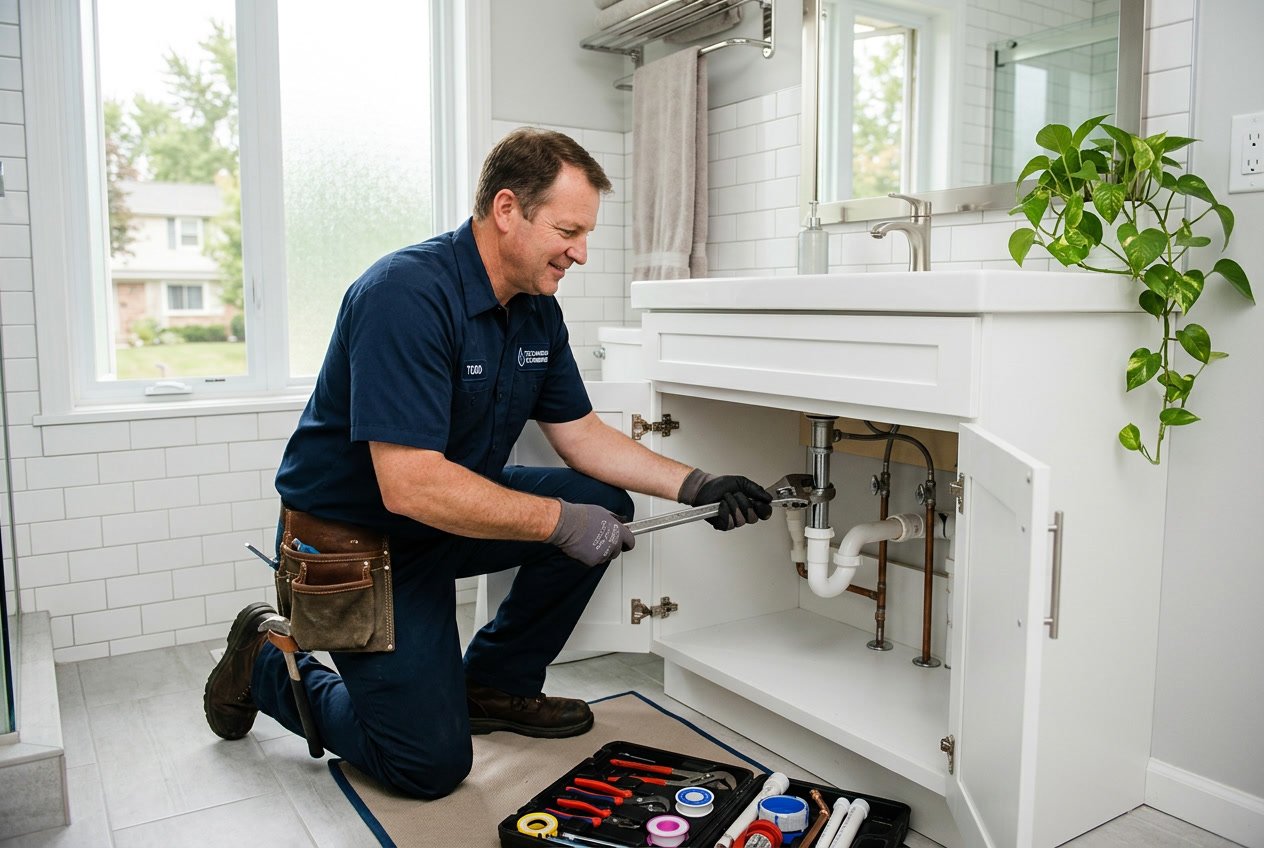 A plumber fixing pipes under a bathroom sink in a well-lit residential bathroom.