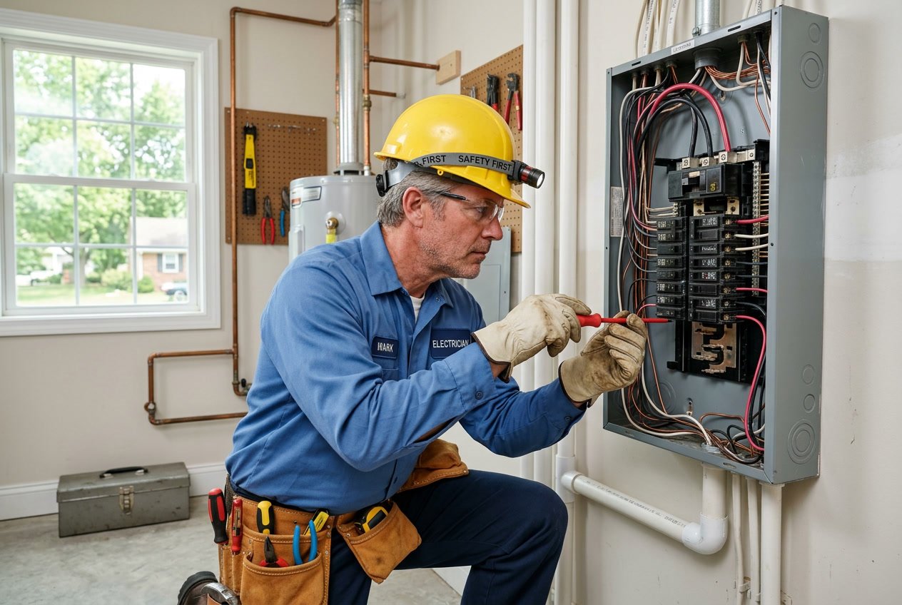 An electrician in a blue uniform and hard hat inspecting electrical wiring inside a residential home.