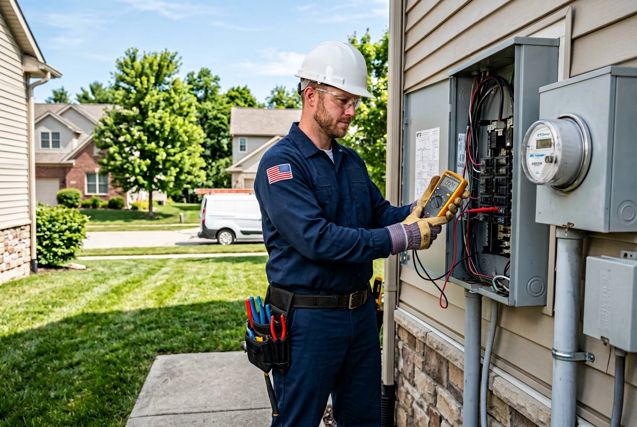 An electrician in safety gear inspecting an electrical panel outside a house in a suburban neighborhood.