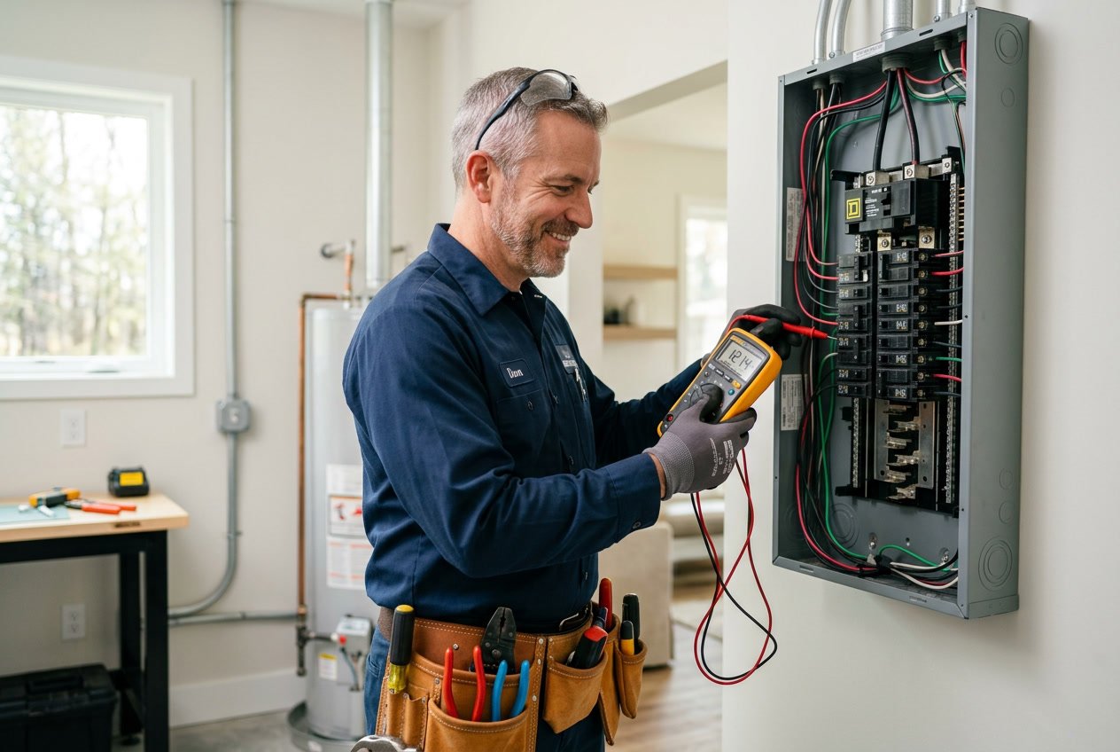 An electrician inspecting electrical wiring inside a modern home.