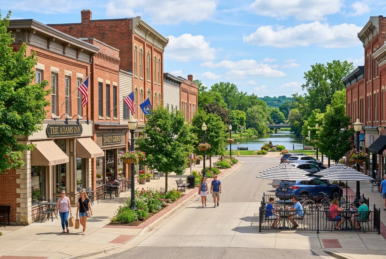 A sunny small town street in Tecumseh, Michigan, with charming buildings, hotels, trees, and people enjoying outdoor seating near a calm body of water.