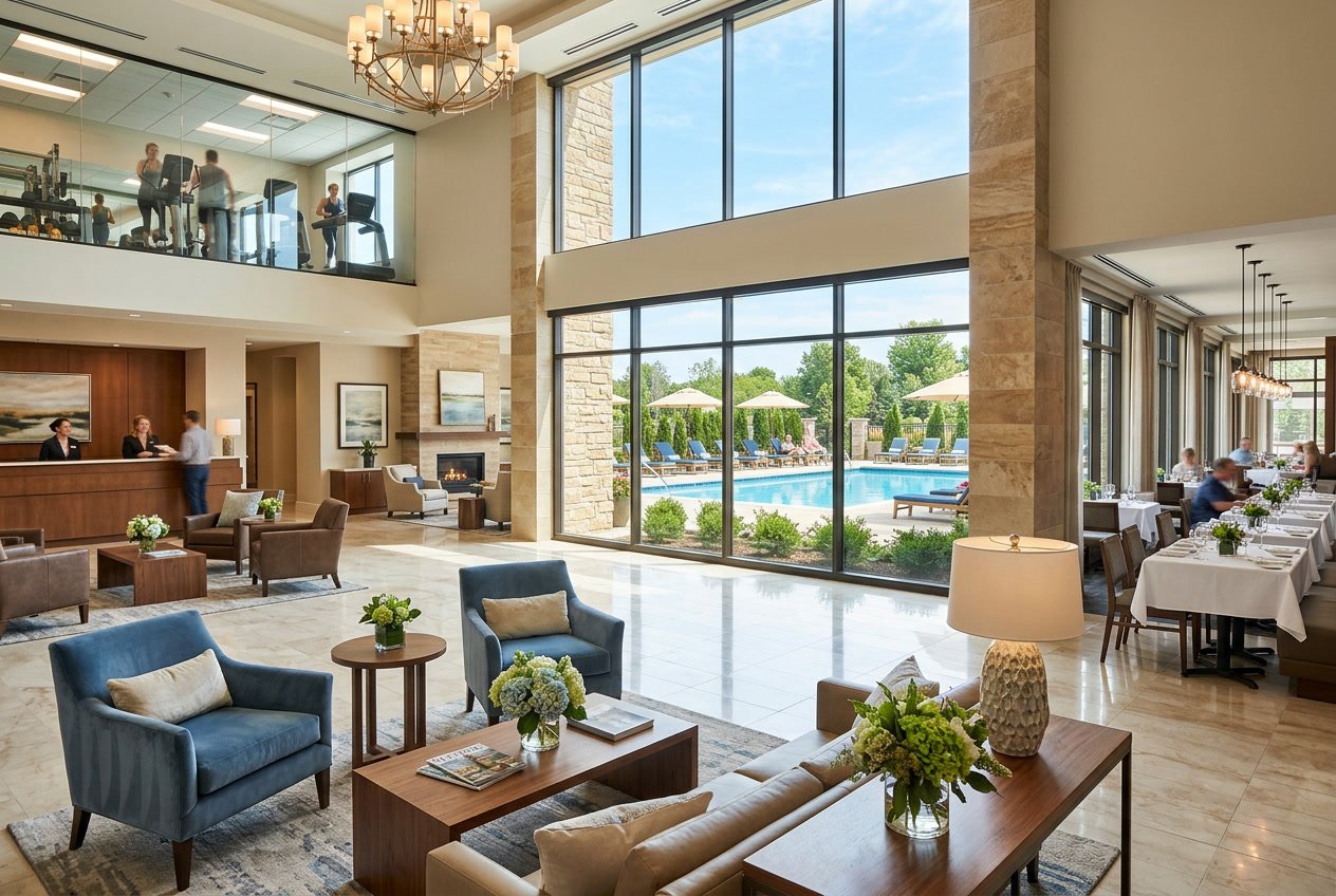 Hotel lobby with seating area, outdoor pool with lounge chairs, fitness center, and restaurant in a welcoming hotel setting.