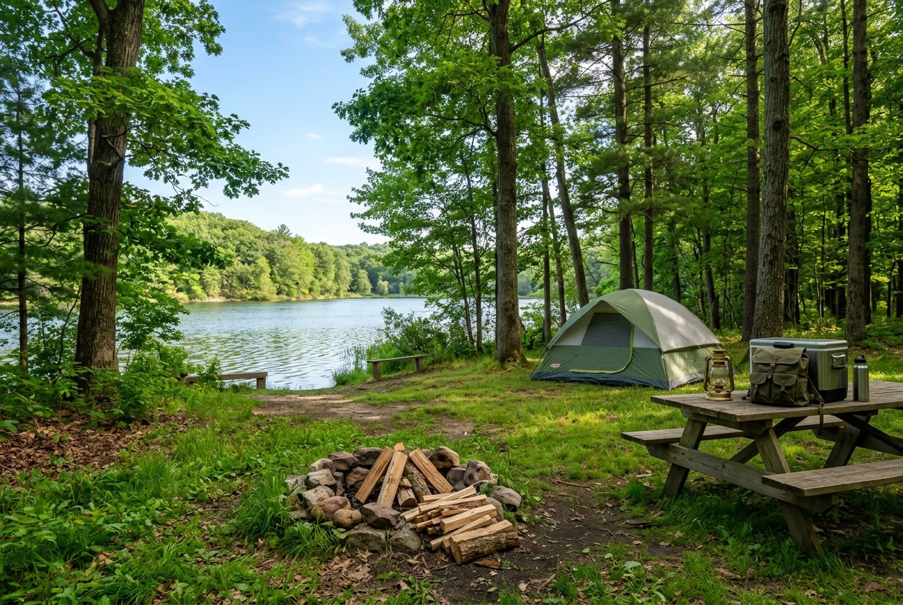 A peaceful campground with a tent, picnic table, campfire pit, trees, and a calm lake in the background under a clear blue sky.