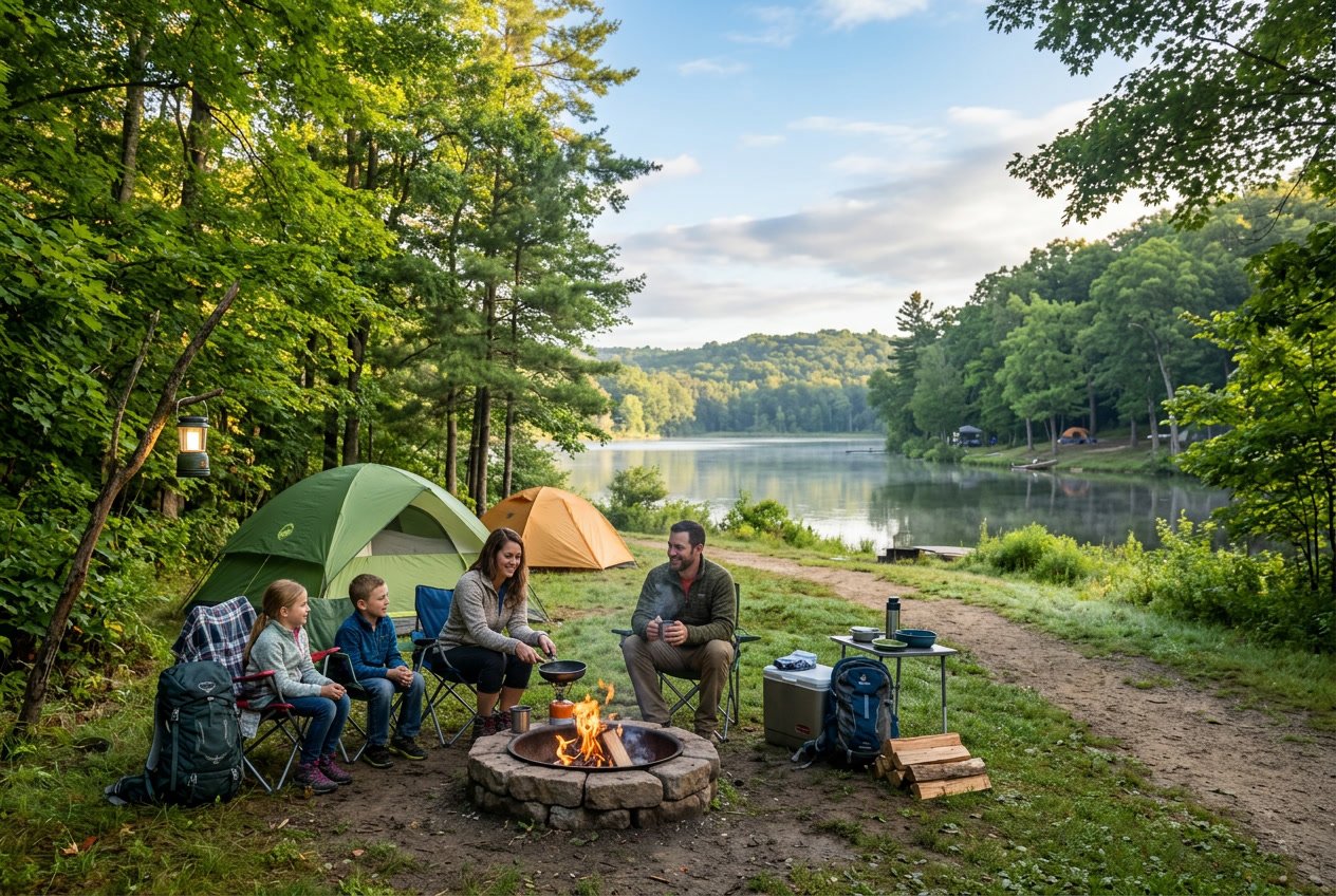 A peaceful campground near a lake with tents, trees, and people around a campfire during morning light.