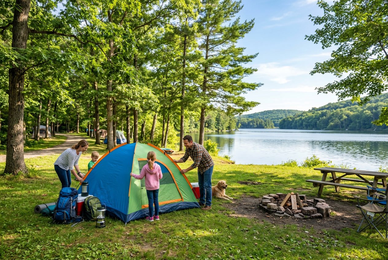 A family setting up a tent at a grassy campground surrounded by trees near a calm lake under a clear blue sky.