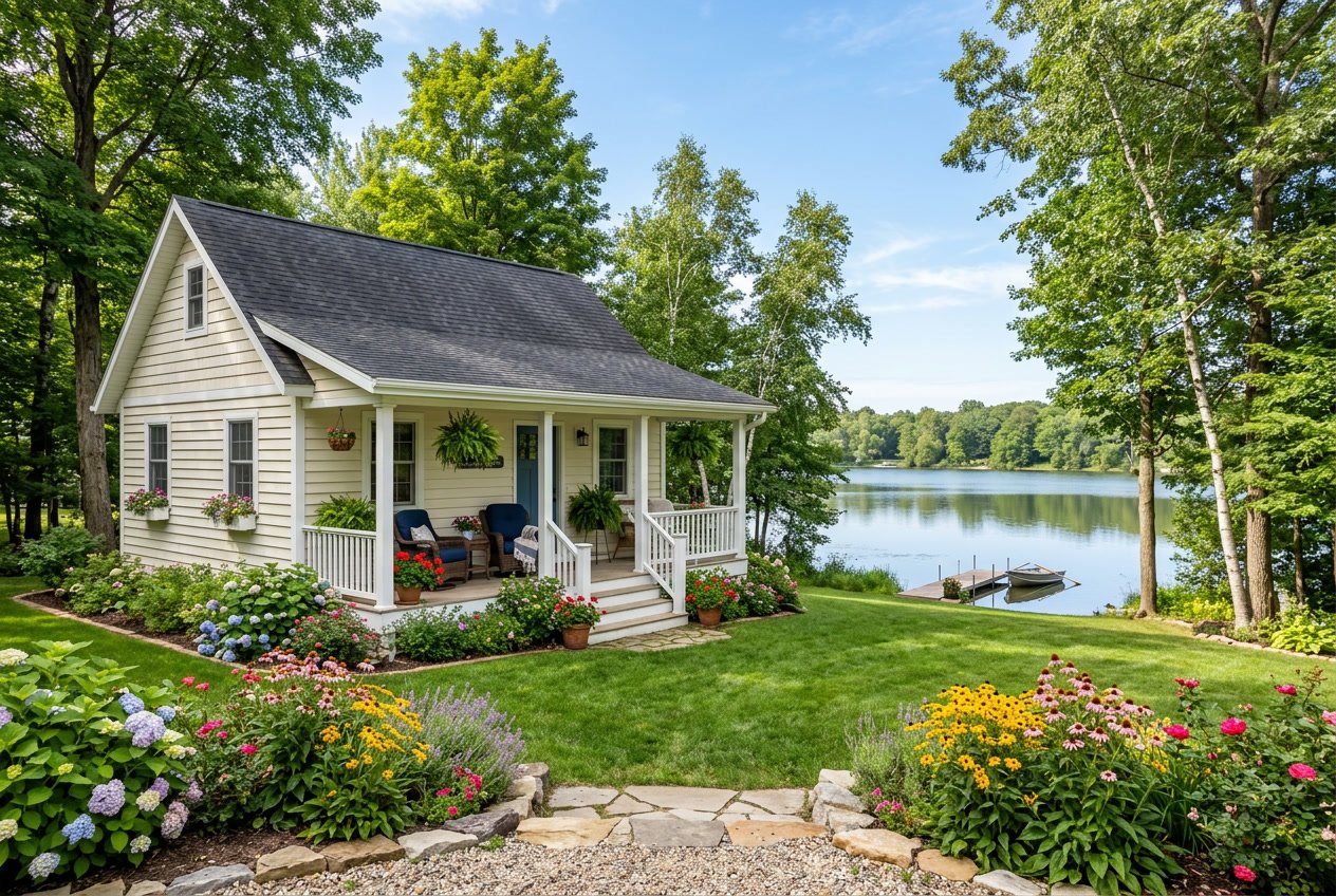 A cozy cottage-style vacation rental surrounded by green lawns, flowers, and trees near a calm lake under a clear blue sky.