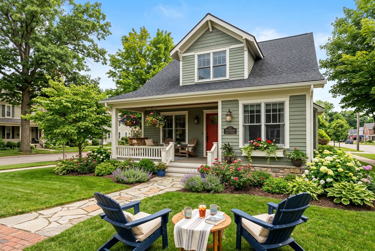 A charming vacation rental house with a front porch, surrounded by greenery and flowers on a sunny day.