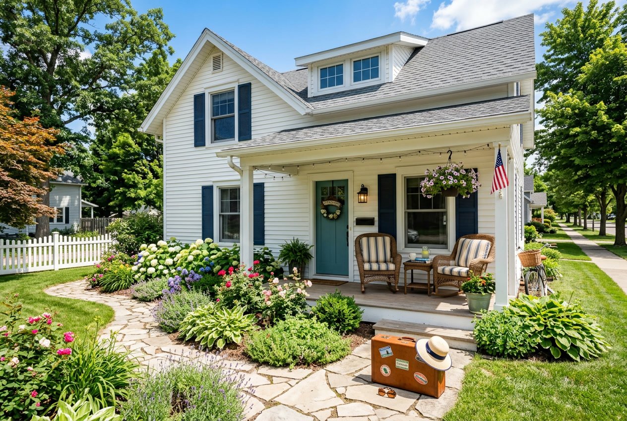 A charming vacation rental home with a garden, outdoor seating, and travel items near the entrance on a sunny day.