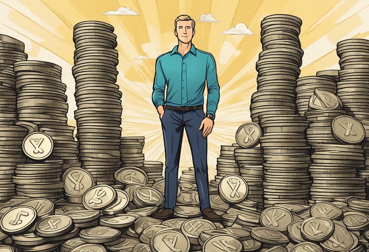 A digital illustration of a financially empowered male standing on mountains of coins with a sunset rays background