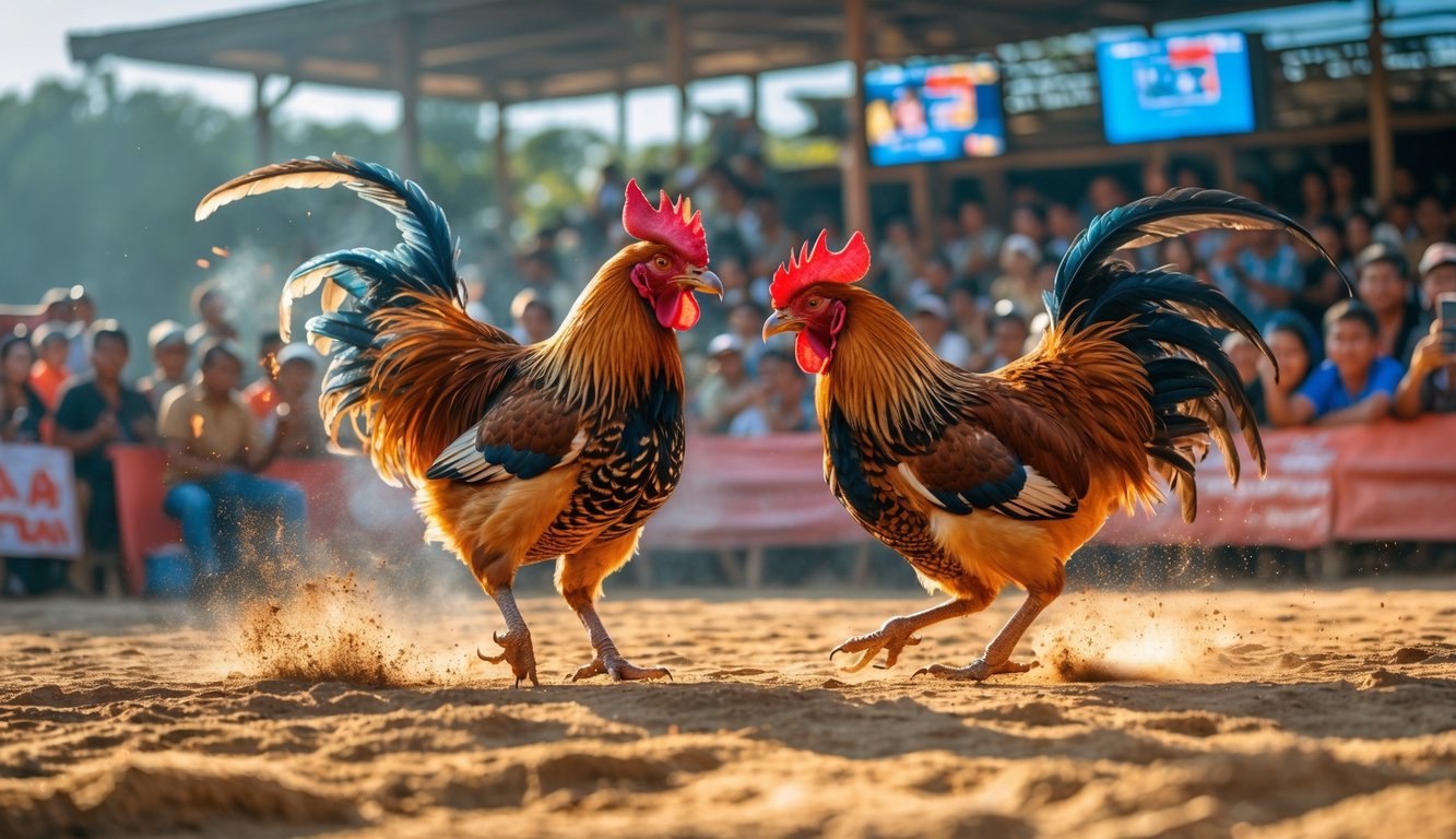 Dua ayam jago sedang bertarung di arena terbuka dengan penonton yang antusias menyaksikan di sekeliling.
