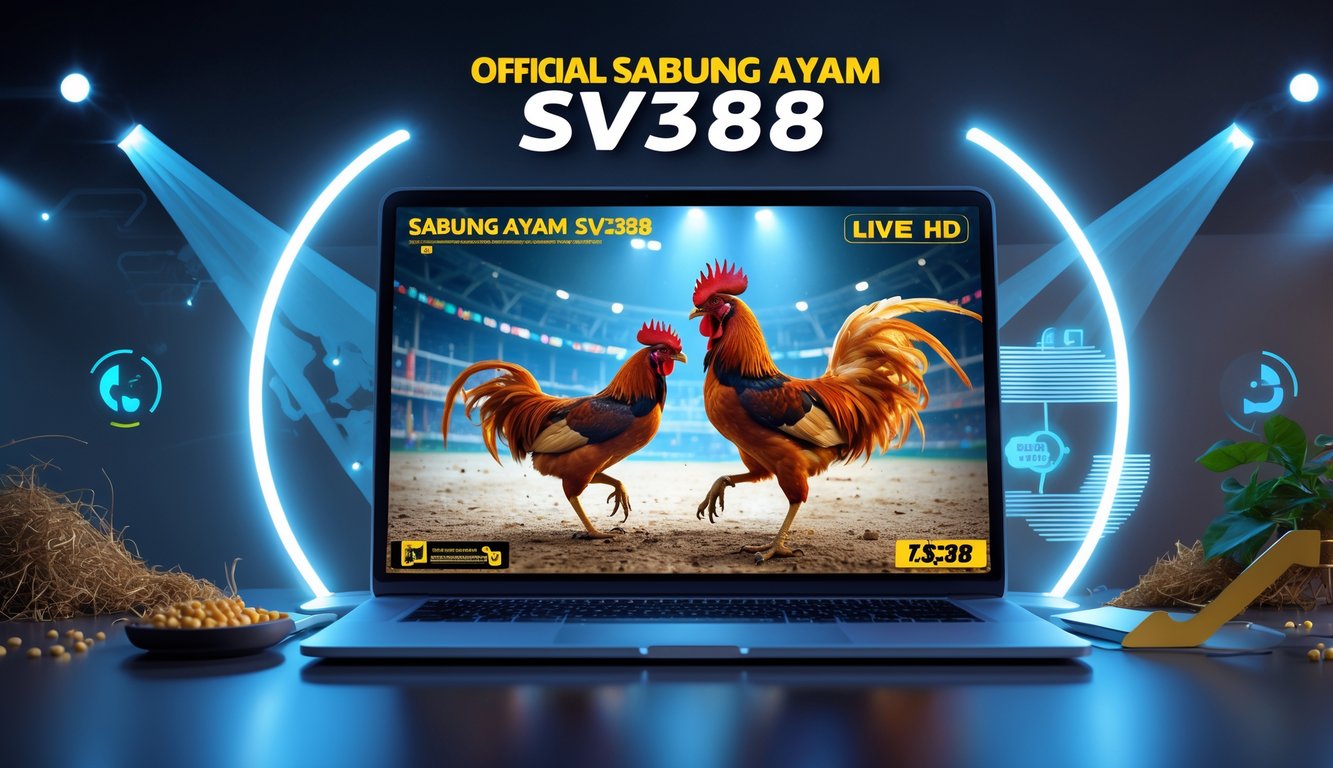 Dua ayam jago sedang bertarung dengan latar layar streaming HD yang menunjukkan pertandingan sabung ayam resmi di Indonesia.