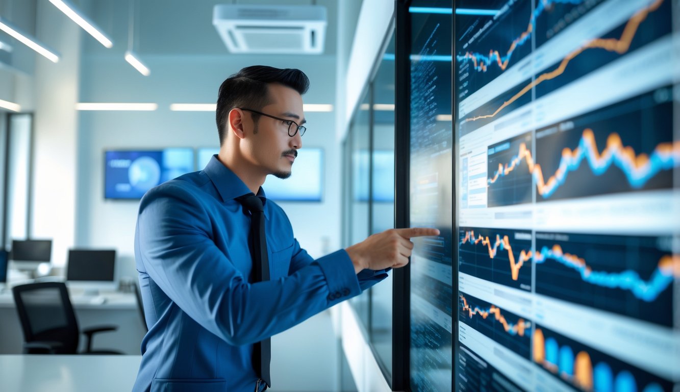 Seorang pria bisnis percaya diri sedang melihat data di layar transparan di kantor modern dengan dekorasi batik.