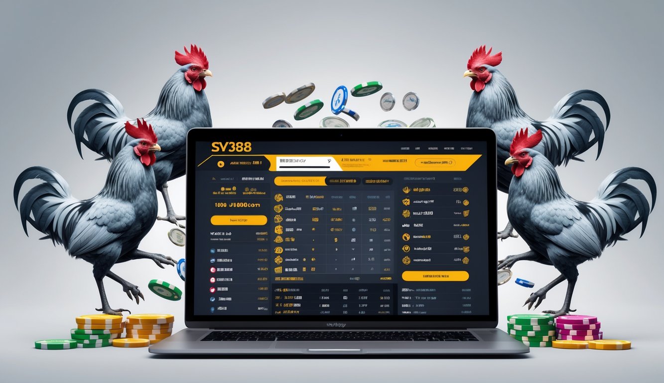 Suasana profesional dengan layar komputer menampilkan antarmuka taruhan sabung ayam dan gambar ayam jago dalam posisi bertarung.