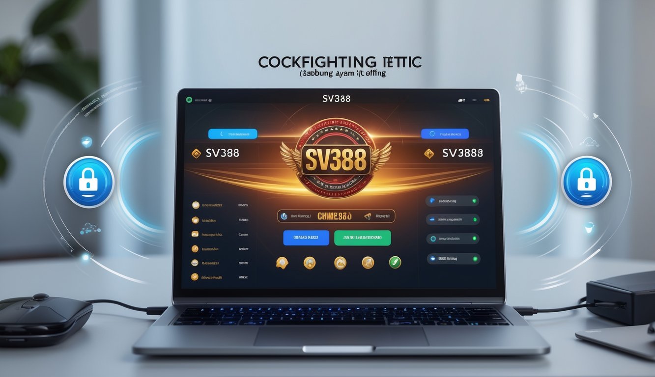 Sebuah komputer di meja kerja yang menampilkan antarmuka platform taruhan sabung ayam dengan simbol keamanan dan akses cepat.