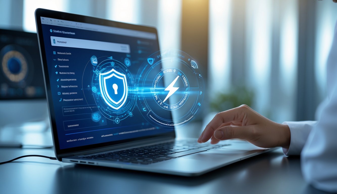 Seseorang menggunakan laptop di meja kerja modern dengan ikon keamanan dan kecepatan di layar, menggambarkan akses cepat dan aman ke link alternatif resmi.